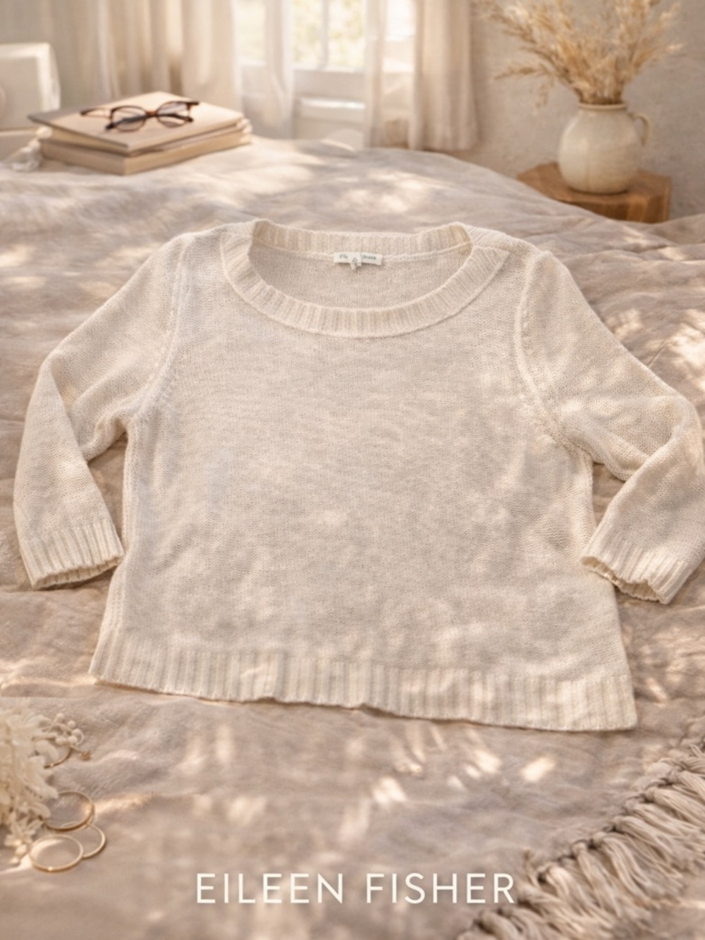 Eileen Fisher 100% Linen Ivory Knit Sweater Petite PP Minimalist